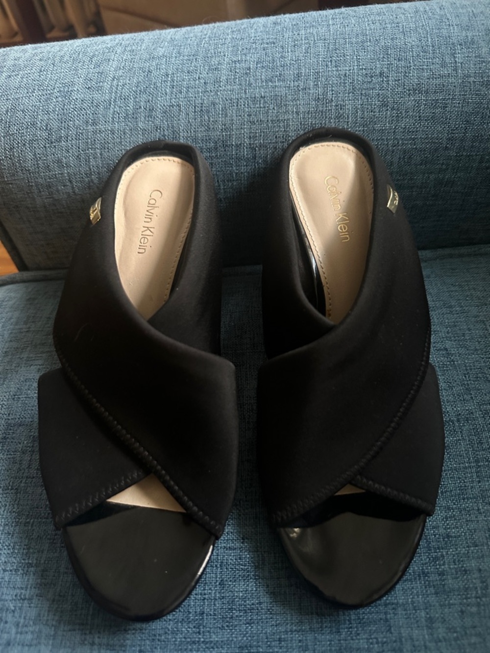 Calvin Klein Black Crossband Peep-Toe Wedge Mules